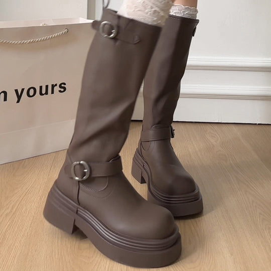 Damen modische kniehohe Stiefel mit coolem Schnallen-Detail EB