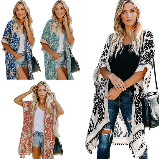 Damen Luftige Kimono-Cardigan mit aufwändigem Muster und fransenbesetzten Saum EB