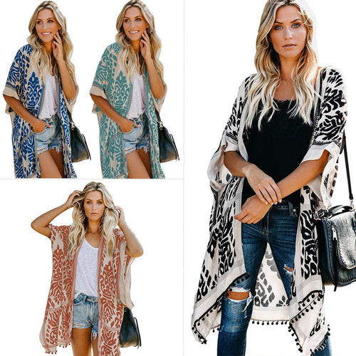 Damen Luftige Kimono-Cardigan mit aufwändigem Muster und fransenbesetzten Saum EB
