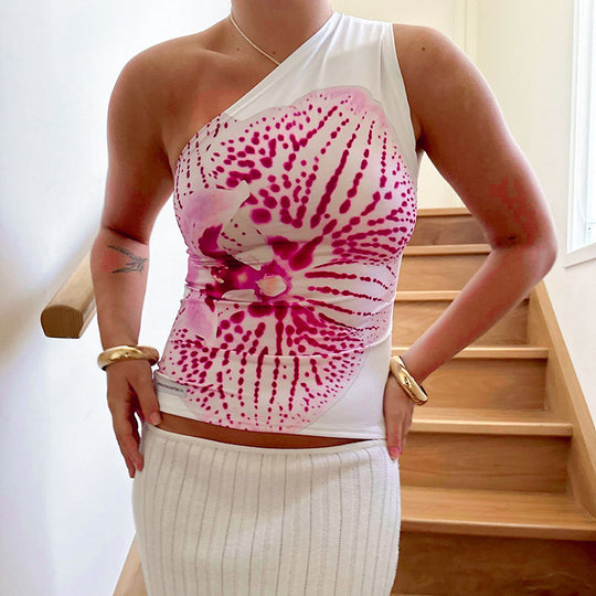 Damen asymmetrisches Trägershirt mit floraler Druckgestaltung EB