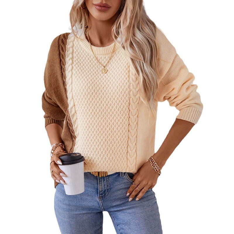 Damen modischer Pullover mit strukturiertem Zopfmuster und innovativem Farbblockdesign EB