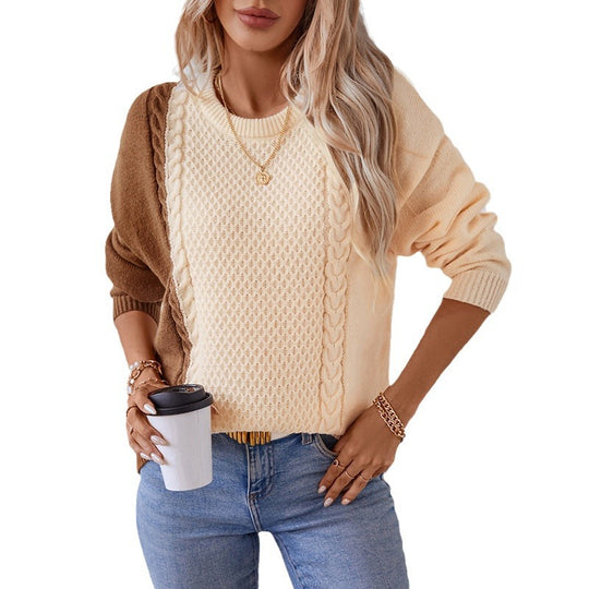 Damen modischer Pullover mit strukturiertem Zopfmuster und innovativem Farbblockdesign EB