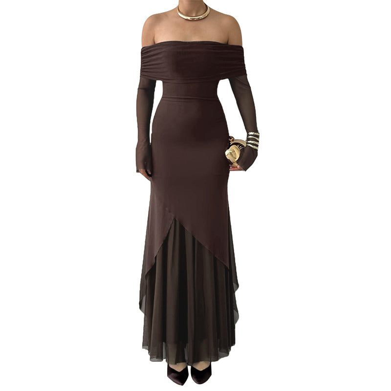 Damen elegantes schulterfreies Maxikleid mit raffiniertem Rüschenoberteil und asymmetrischem Saum EB