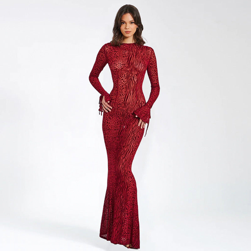 Damen Figurbetontes Maxikleid mit tierischem Muster und weiten Ärmeln EB