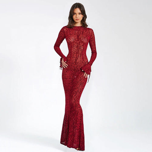 Damen Figurbetontes Maxikleid mit tierischem Muster und weiten Ärmeln EB