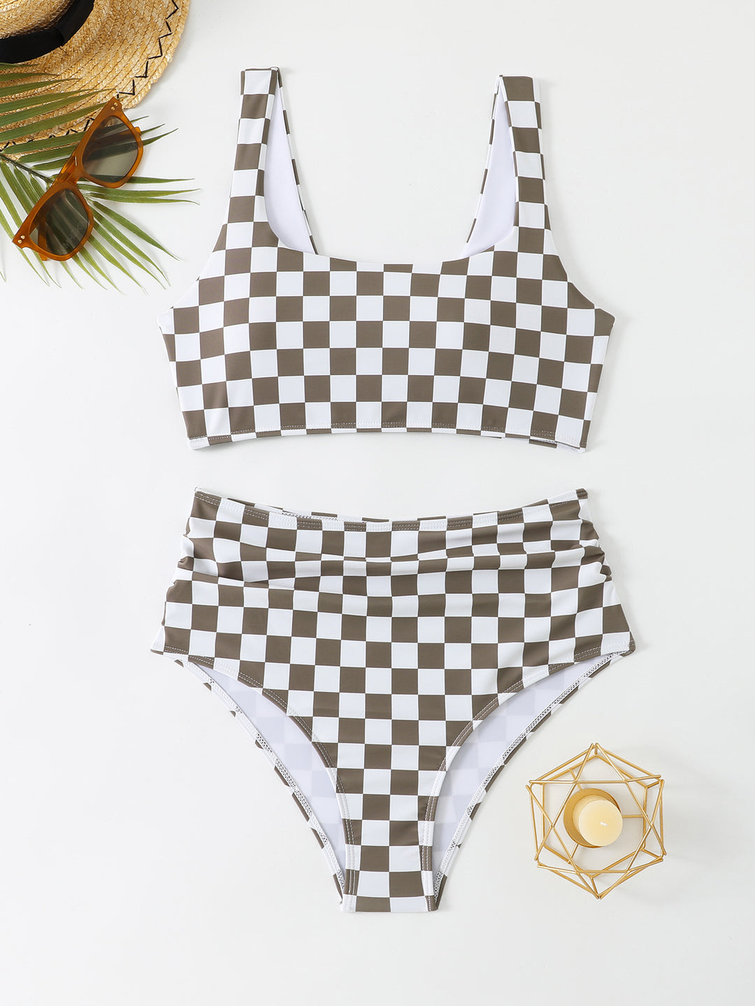 Damen Hochband-Bikini-Set mit kariertem Design EB