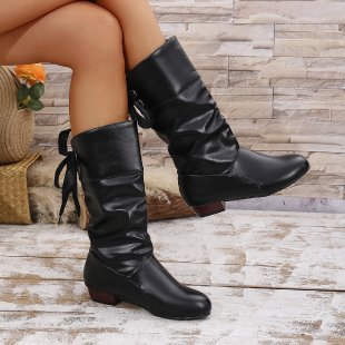 Damen nan schafthöhe Stiefel mit Raffung, rückseitiger Schnürung und niedrigem Blockabsatz EB