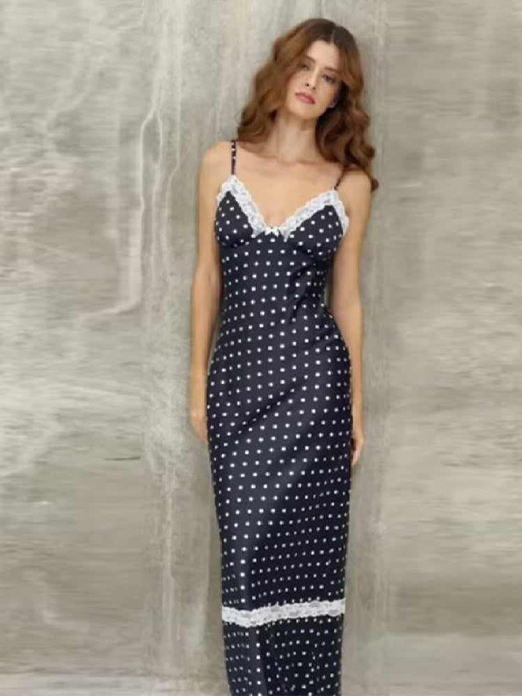 Damen Satin Nachthemd mit Spitzenapplikationen und Polka-Dots EB