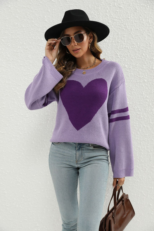 Damen Strickpullover mit Herzmotiv und lässigen Ärmelabschlüssen EB