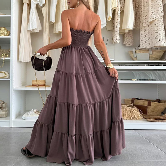 Damen Maxi-Kleid mit Smocked-Oberteil und voluminösen Rüschen EB