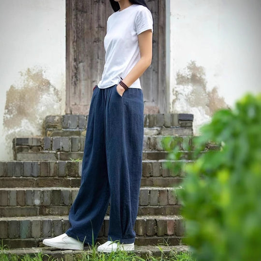 Damen weite Leinenhose mit elastischem Bund und seitlichen Taschen EB