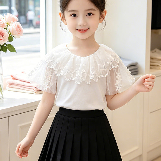 Mädchen T-Shirt mit elegantem Tüllkragen und floralem Detail EB