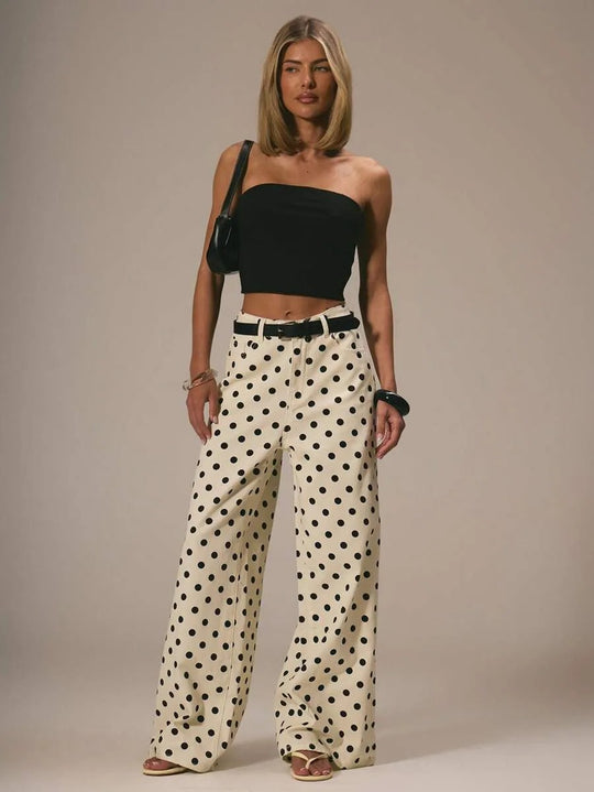 Damen weite Polka-Dot Palazzo-Hosen mit high-waist Schnitt EB