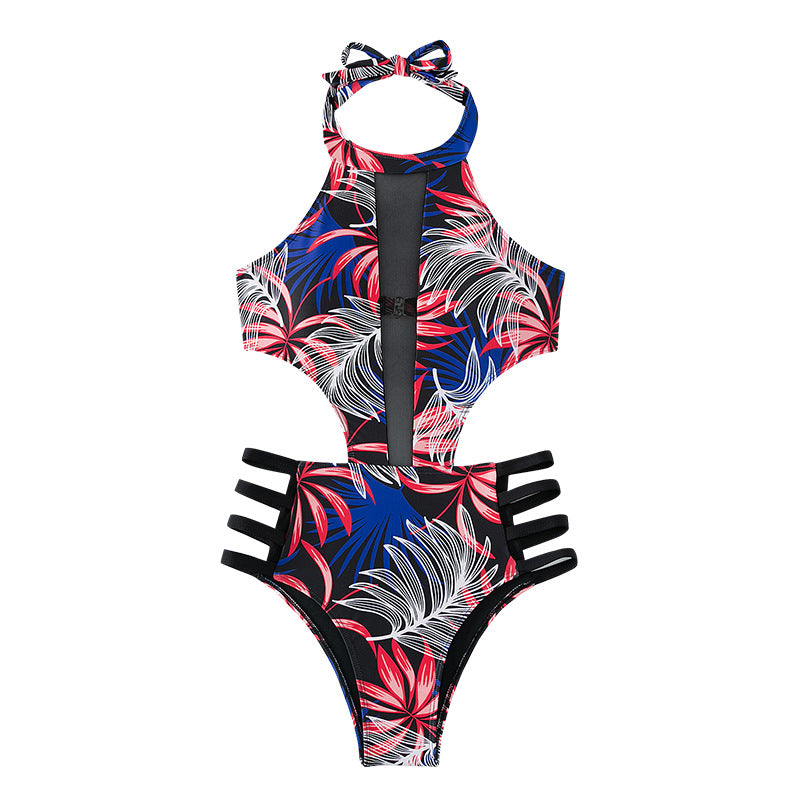 Damen Hochgeschlossener Badeanzug mit floralem Muster und Cut-Out Details EB