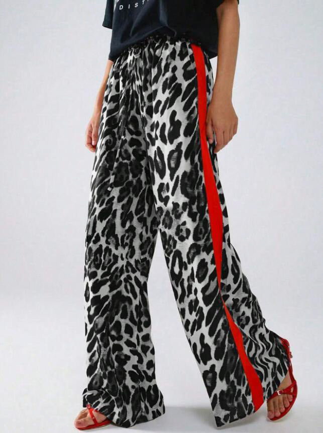Damen weite Leinenhose mit modischem Leopardenmuster und kontrastierendem Streifen EB