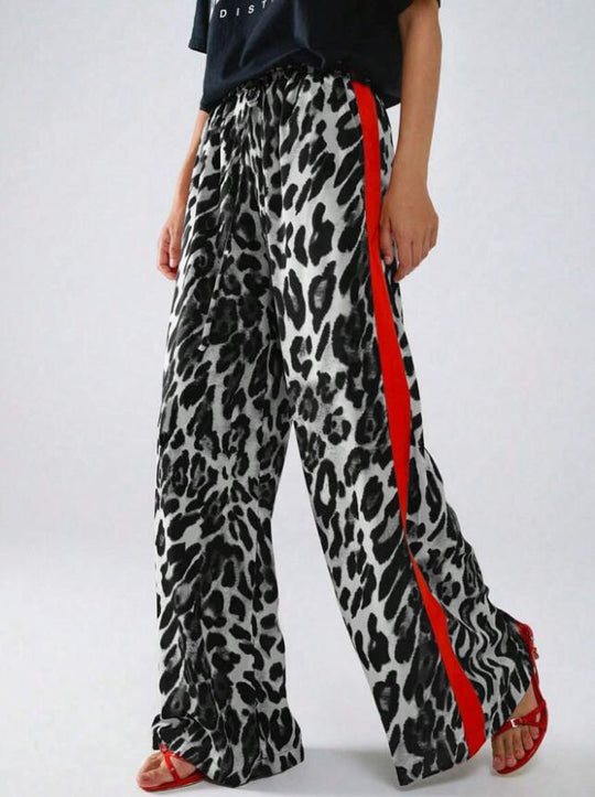 Damen weite Leinenhose mit modischem Leopardenmuster und kontrastierendem Streifen EB