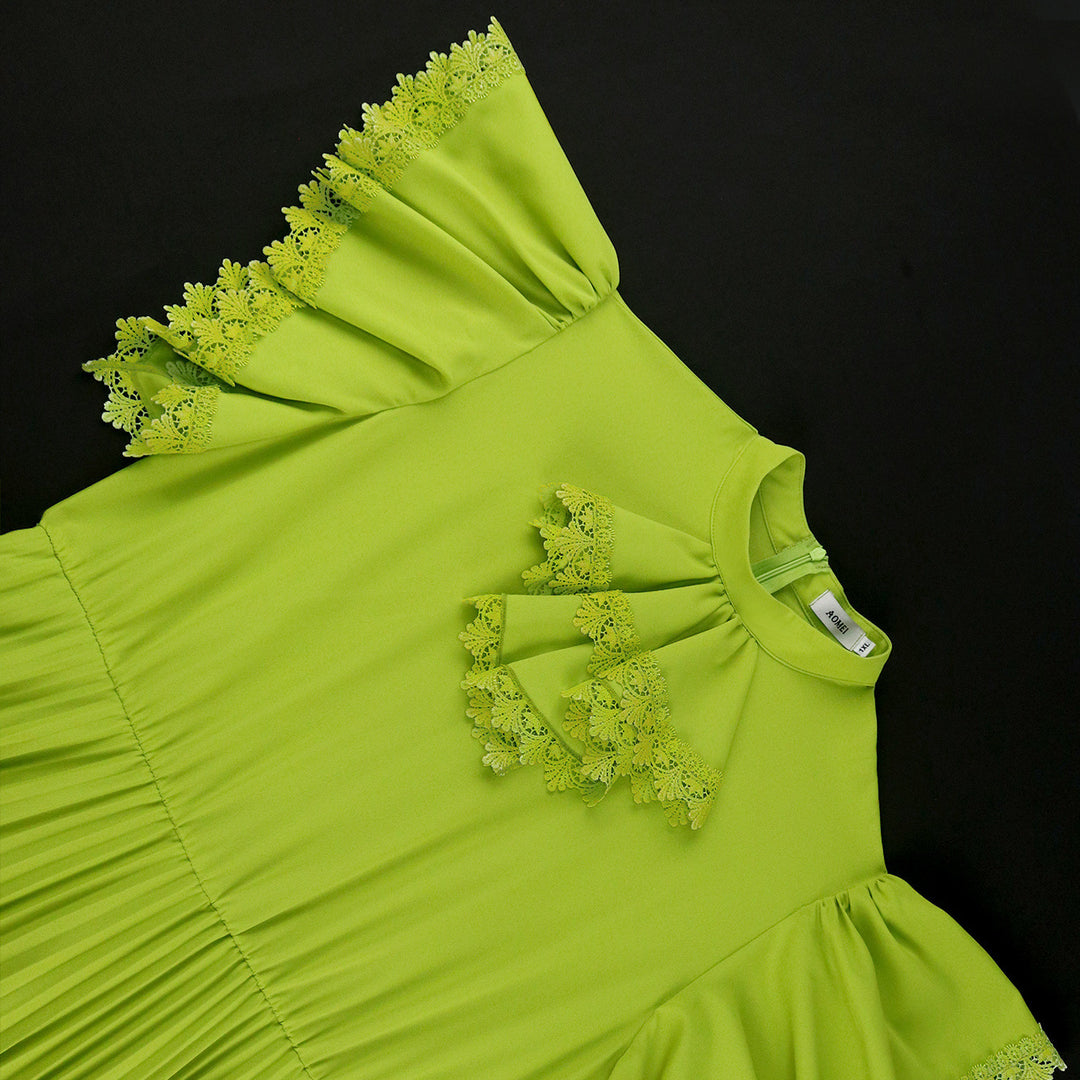 Damen Elegantes Maxi-Kleid mit Plisseefalten und Rüschendetails EB