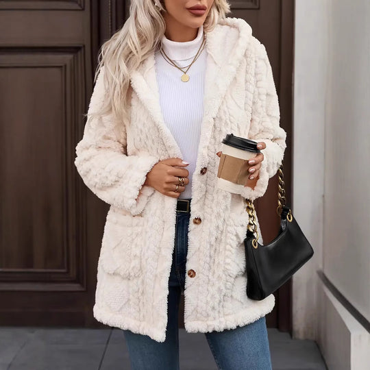 Damen angenehme und weiche Plüschjacke mit Kapuze und Taschen EB