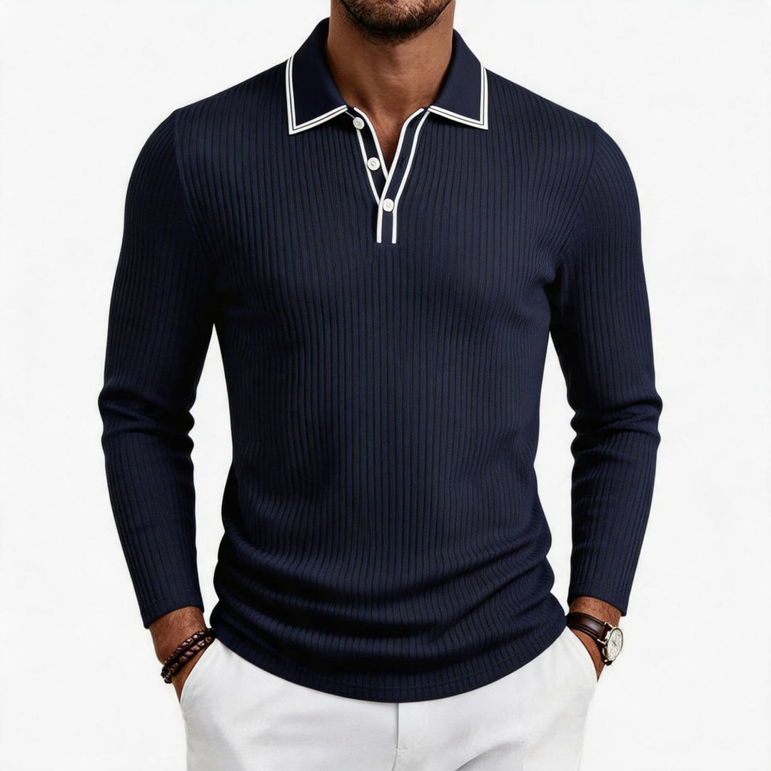 Herren nan fein geripptes Langarm-Poloshirt aus elastischer Merino-Mixqualität mit Kontrastkanten EB