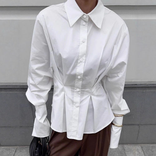 Damen Modische Hemdbluse mit tailliertem Schnitt und voluminösen Ärmeln EB