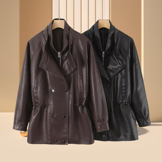 Damen Kunstlederjacke mit breitem Revers und praktischen Taschen EB
