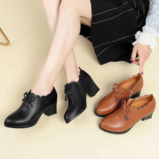 Damen elegante Schnürschuhe mit modischem Wellenrand und komfortablem Blockabsatz EB