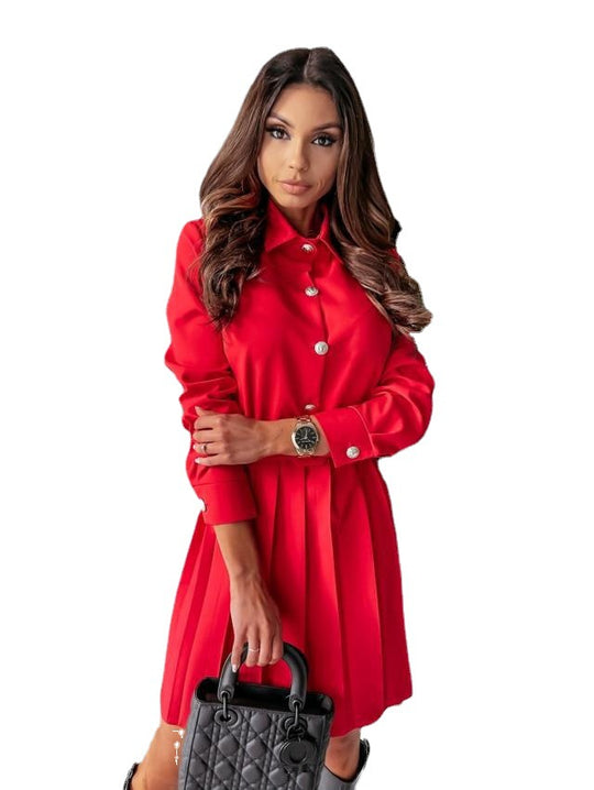 Damen Knielanges Hemdblusenkleid mit eleganter Plisseekonstruktion und Taillengürtel EB