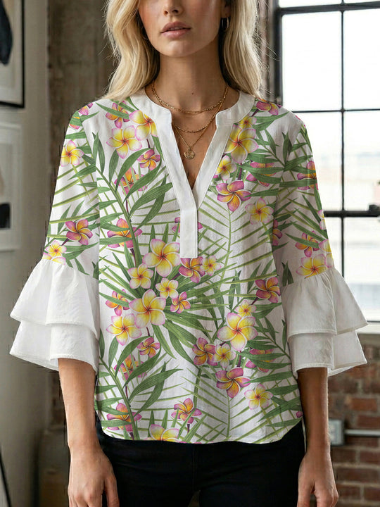 Damen Bluse mit voluminösen Rüschenärmeln und floralem Muster EB