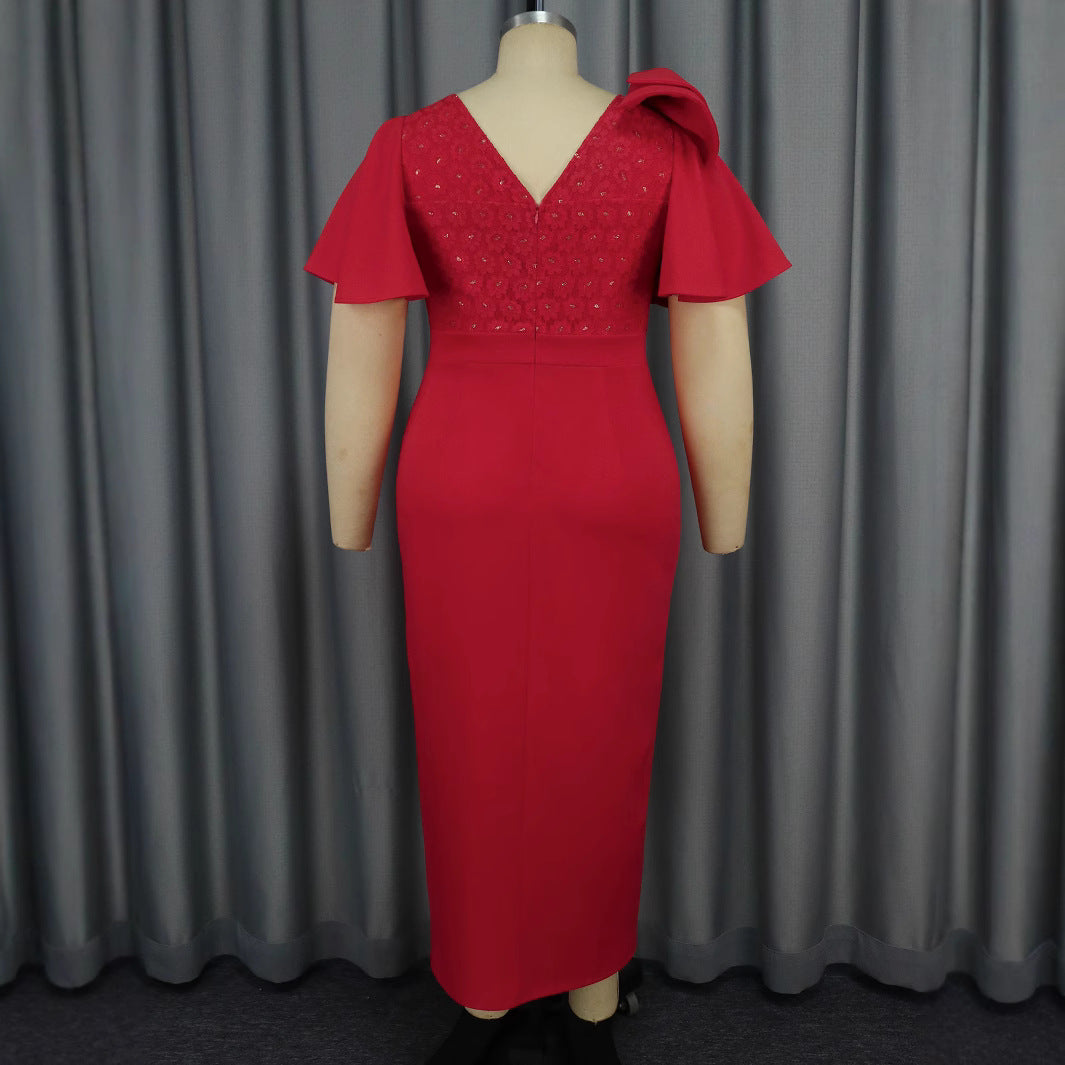 Damen Elegantes Abendkleid mit floralem Spitzenoberteil und voluminösen Rüschensäumen EB