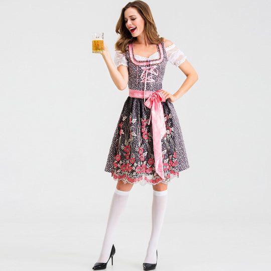 Damen nan traditionelles Kurzdirndl mit Spitzenärmeln, Schnürung und floraler Schürze EB
