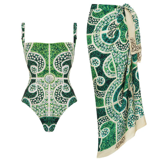 Damen Einteiler Badeanzug mit kunstvollem Blumenmuster EB