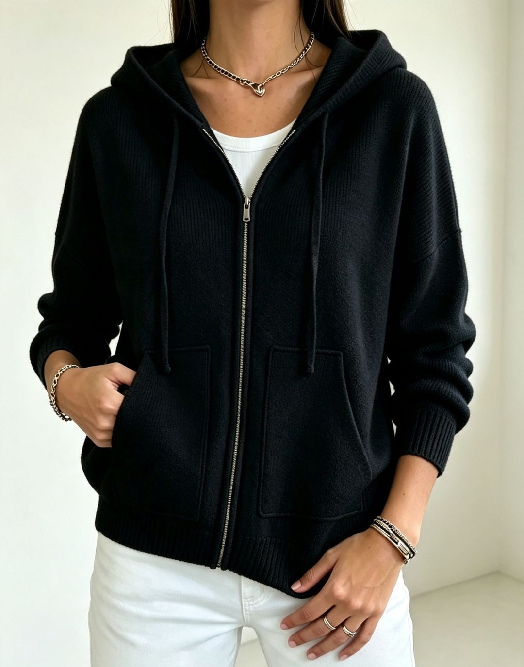 Damen Kapuzen-Wollmix Zip-Cardigan mit kastiger Passform und Kängurutaschen EB