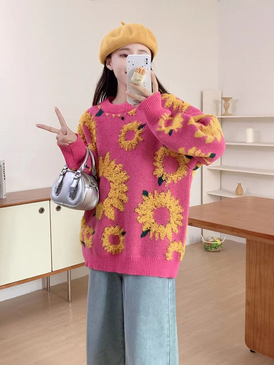 Damen Grobstrickpullover mit floralen Applikationen EB