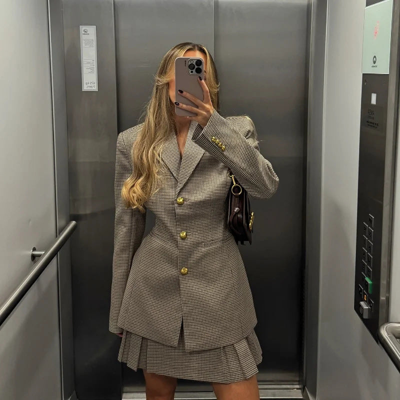 Damen Eleganter Karoblazer mit passendem Rock EB