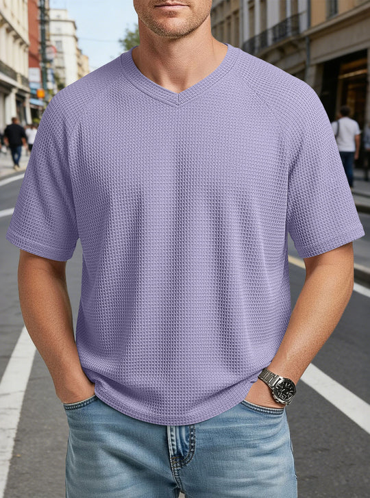 Herren nan lässiges V-Ausschnitt Waffelstrick-T-Shirt aus atmungsaktivem Baumwollmix EB