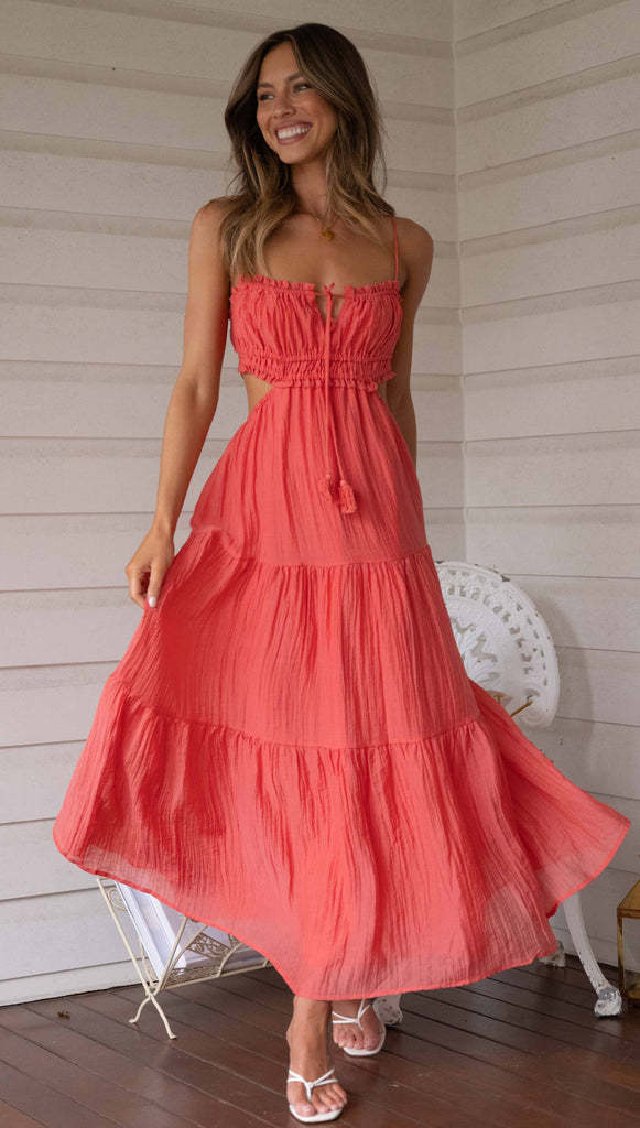 Damen luftiges Maxikleid mit Rüschendetails und verstellbarem Taillenband EB