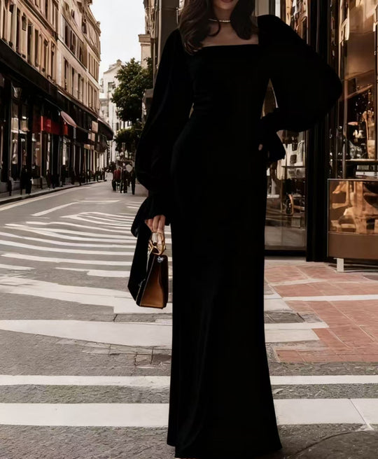 Damen elegantes Maxikleid mit Puffärmeln und quadratischem Ausschnitt EB