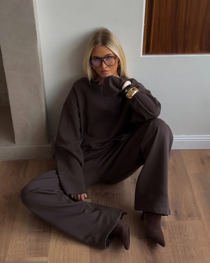 Damen Oversized Loungewear-Set mit Relaxed-Longsleeve und weitem High-Waist-Jogger EB