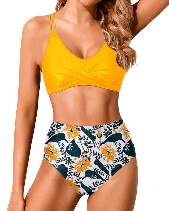 Damen Hochtailliertes Bikini-Set mit gerafftem Oberteil EB