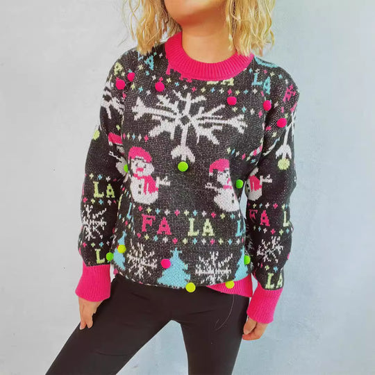 Damen weihnachtlicher Pullover mit bunten Applikationen und festlichem Design EB