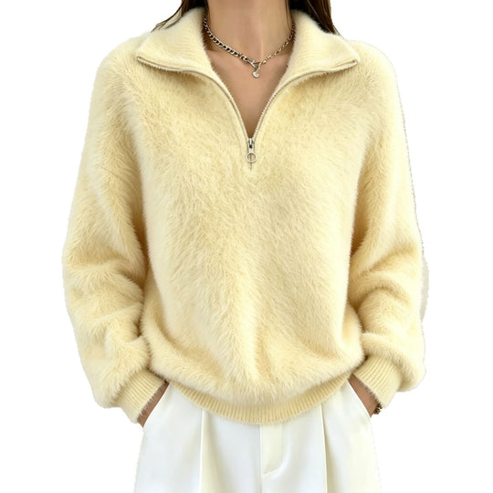 Damen Flauschiger Halbzipp-Pullover mit Stehkragen EB