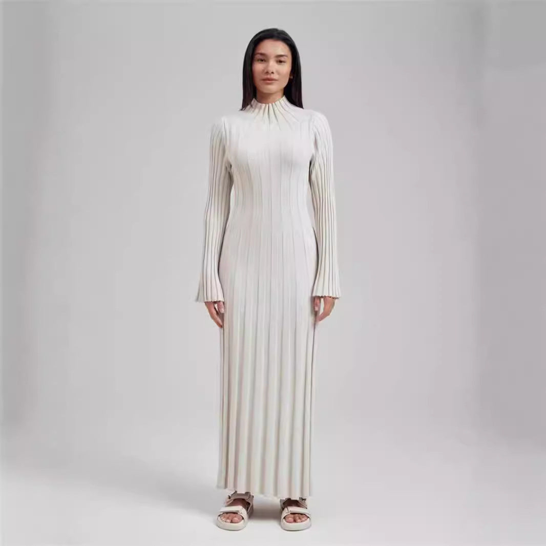 Damen Maxikleid mit elegantem Rippdesign und hochgeschlossenem Kragen EB