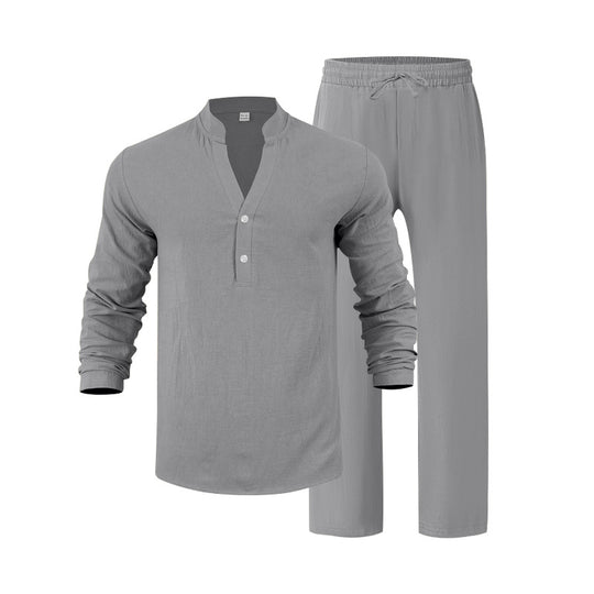 Herren entspannendes Langarm-Hemd & Freizeithose Set EB