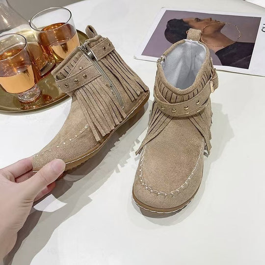 Damen nan Fransen-Mokassin-Stiefelette mit Ziergurt, Schnalle und weicher Gummisohle EB
