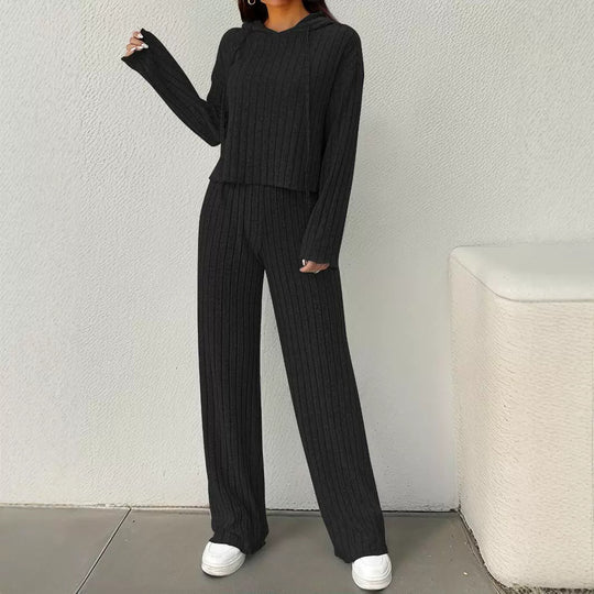 Damen lässiges Strick-Lounge-Set mit Kapuze und weitem Schnitt EB