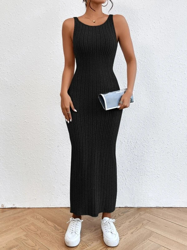 Damen figurbetontes Langarm-Maxikleid mit Rippenstruktur und Rundhalsausschnitt EB