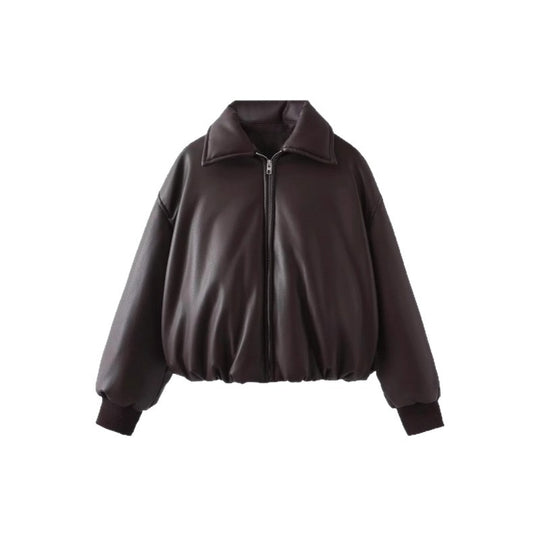 Damen lässige Boxy-Jacke aus weichem Kunstleder mit elastischem Bund EB