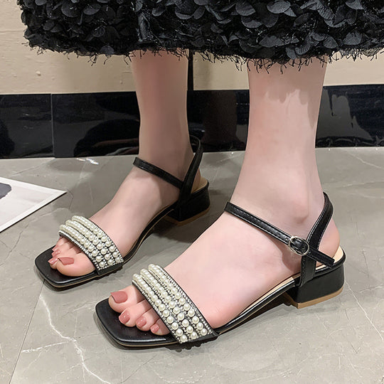 Damen elegante Sandalen mit Perlenverzierung und niedrigem Blockabsatz EB