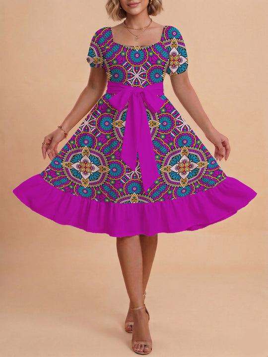 Damen elegantes Maxikleid mit floralem Design und Taillengürtel EB