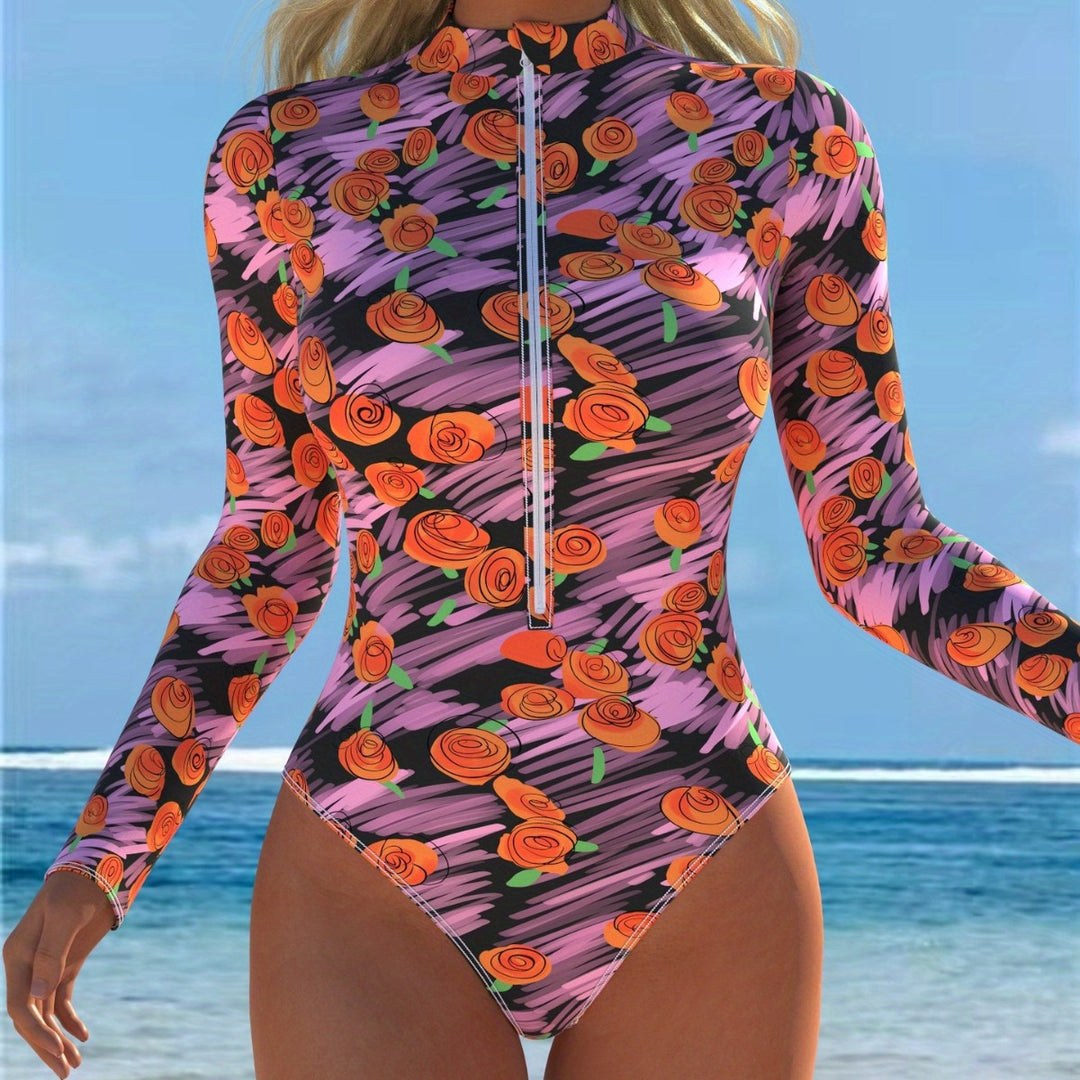 Damen Langarm-Badeanzug mit Reißverschluss und floralem Design EB